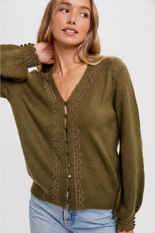 Olive Lace Trim Button Up Sweater