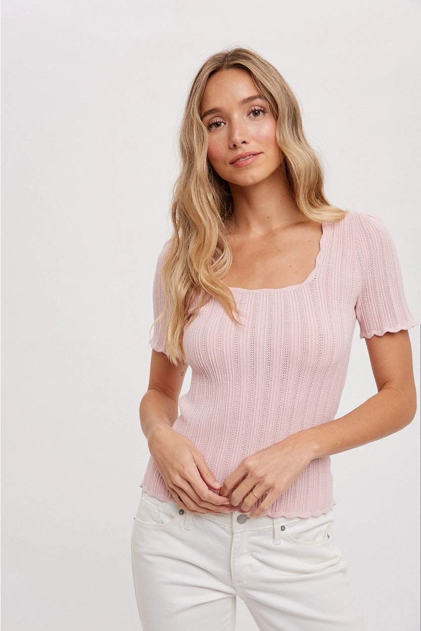 Scalloped Hem Square Neck Knit Top